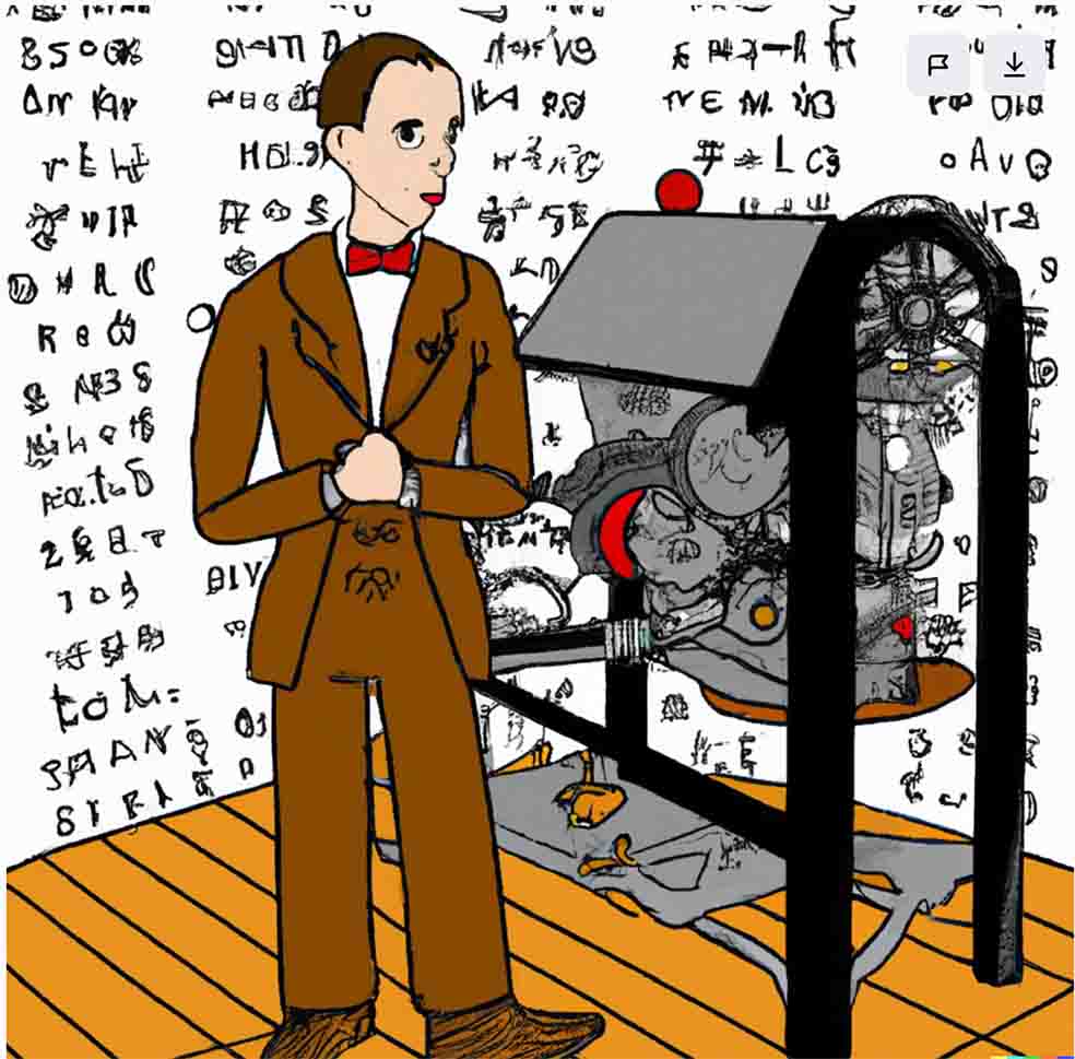 alan turing e la sua macchina disegnato da intelligenza artificiale