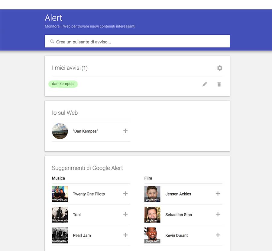 screen di google alerts