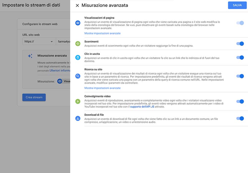 impostare stream dati in google 