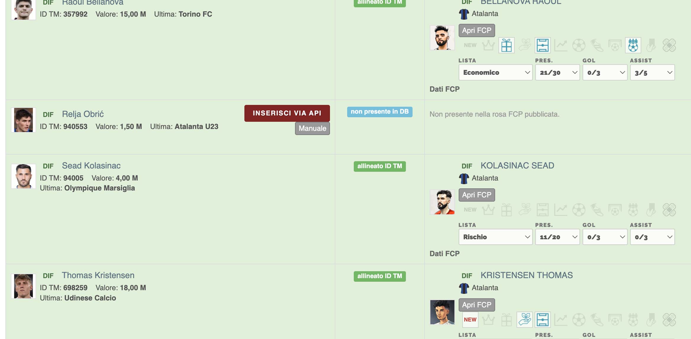 Inserimento dati giocatore via API