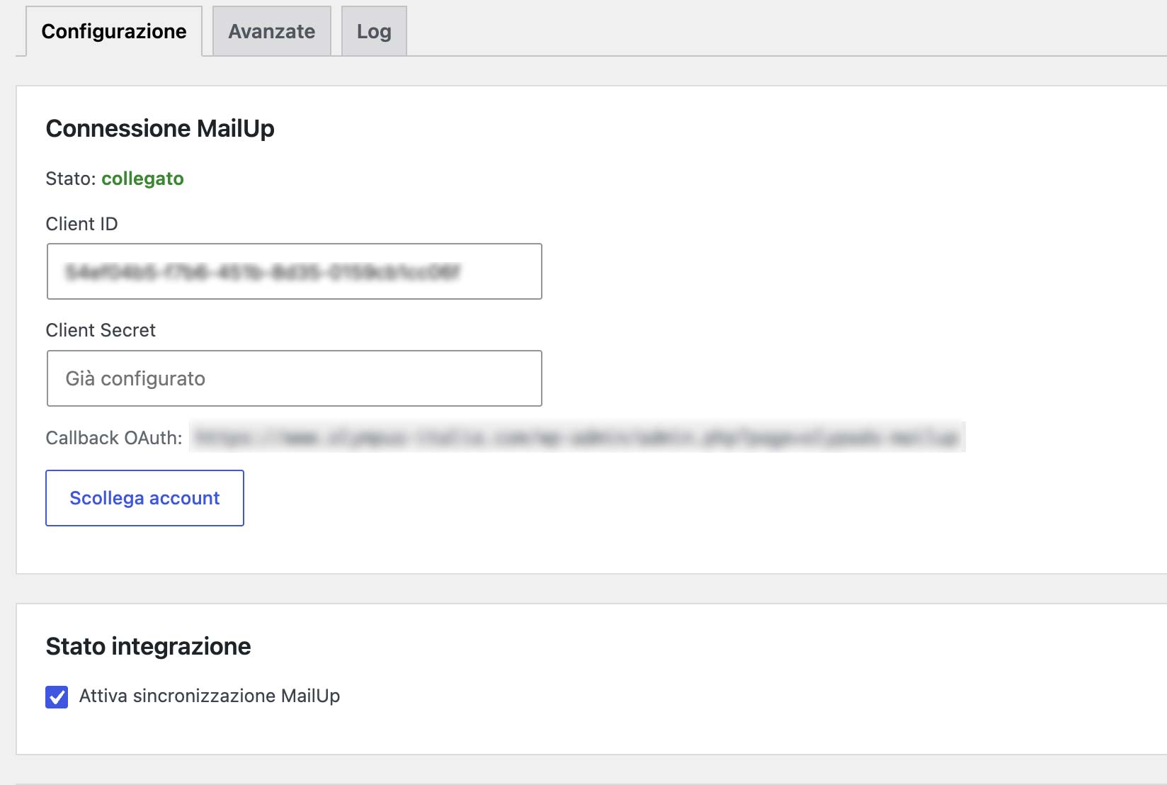 Dashboard connessione MailUp API