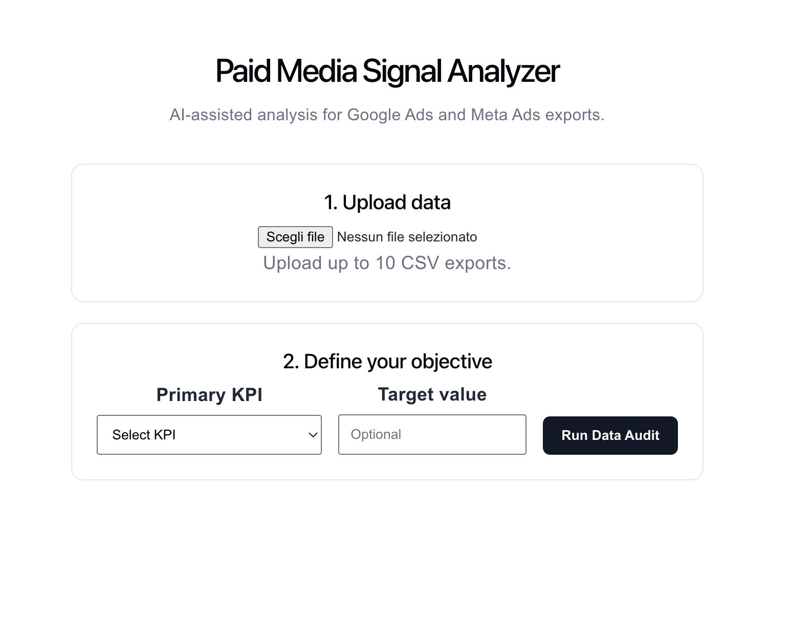Dashboard del Paid Media Signal Analyzer